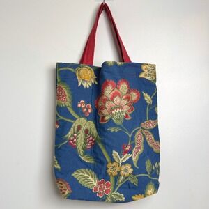 Large Floral Print Tote Bag Blue Red Green Reusable Grocery Bag Handmade Vintage